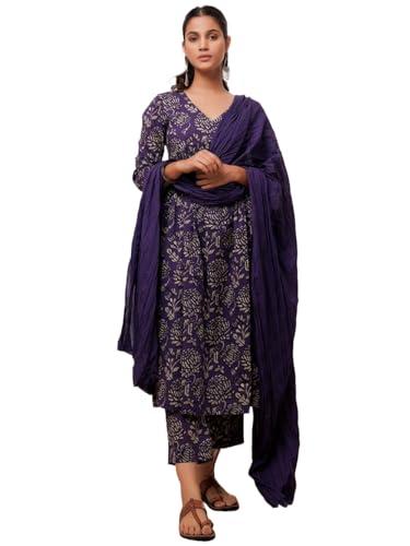 gosriki women's rayon blend anarkali printed kurta with pant & dupatta (dabu violet-fcs-gs_s_dark green_small)