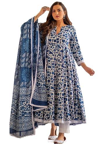 gosriki women's rayon blend anarkali printed kurta with pant & dupatta (yutika blue-gs_xxl_blue_xx-large)