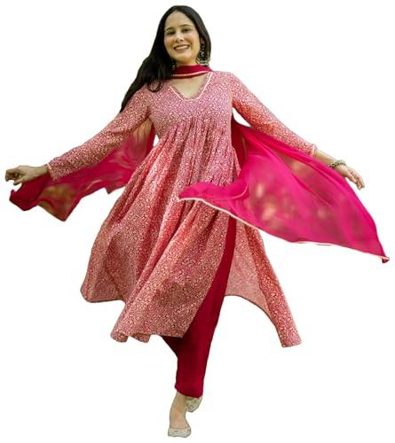 gosriki women's rayon blend printed straight kurta with pant & dupatta (manchali-rani-gs_m_pink_medium)