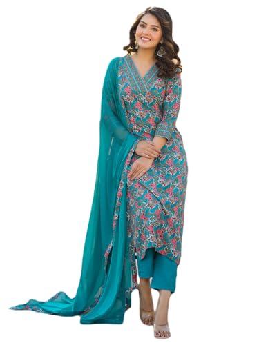 gosriki women's rayon blend printed straight kurta with pant & dupatta (shaniya green-njw-gs_l_green_large)