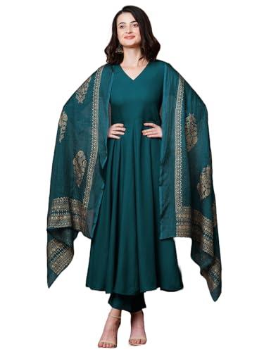 gosriki women's rayon blend solid anarkali kurta with pant & dupatta (magic-kerosin-ndm-gs_m_dark blue_medium)