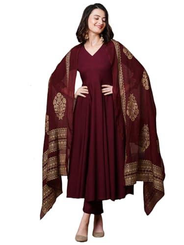 gosriki women's rayon blend solid anarkali kurta with pant & dupatta (magic-wine-ndm-gs_3xl_wine_xxx-large)