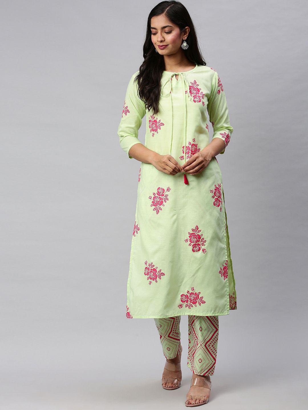 gosriki women green & pink floral printed kurta with trousers