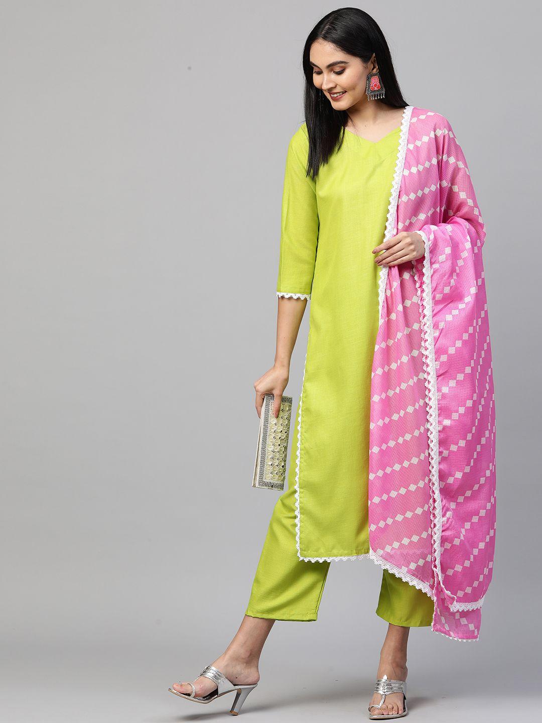 gosriki women green & pink regular kurta & trousers with dupatta