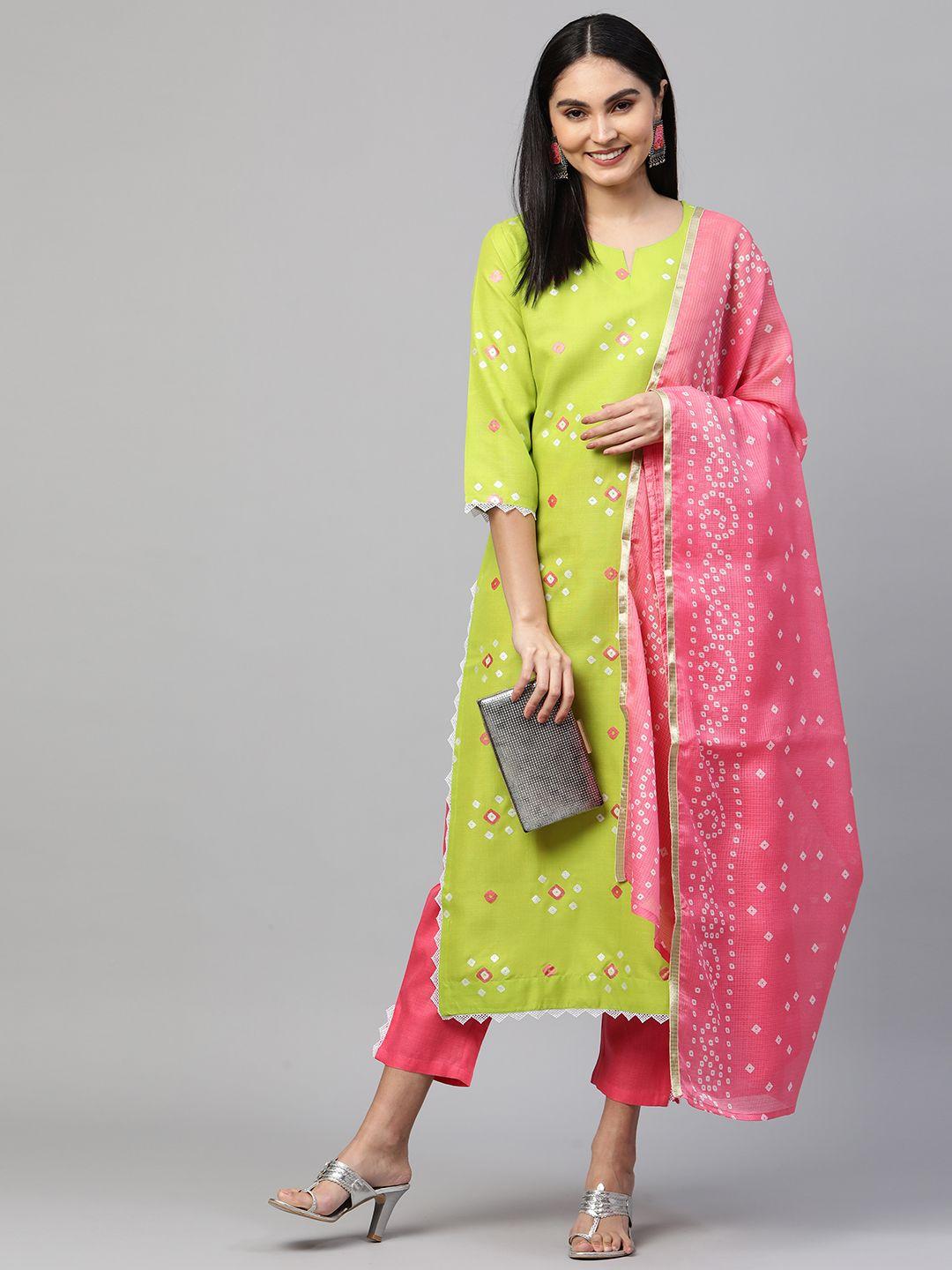 gosriki women green bandhani straight printed kurta with pant & dupatta