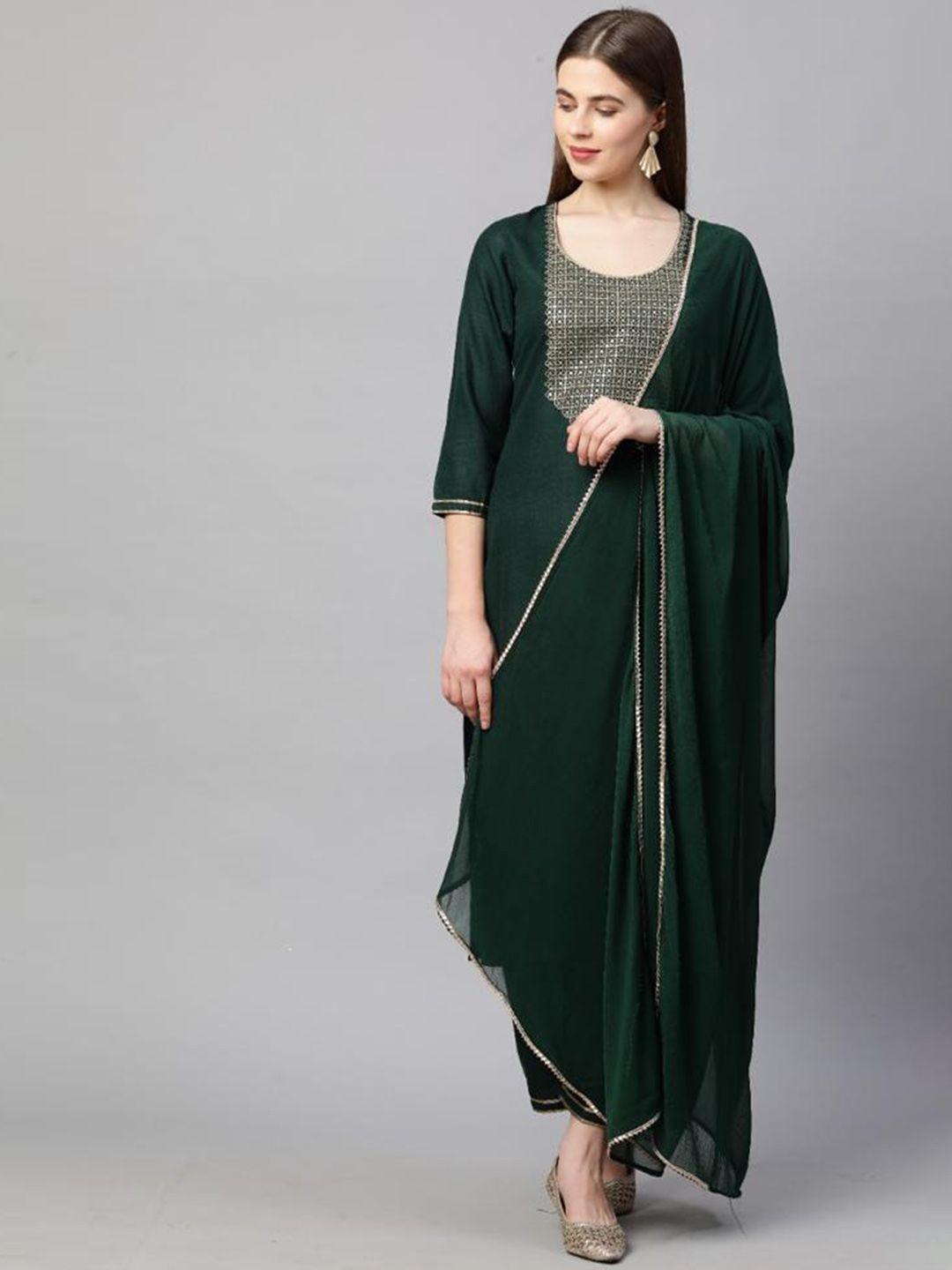 gosriki women green yoke design kurta with trousers & dupatta