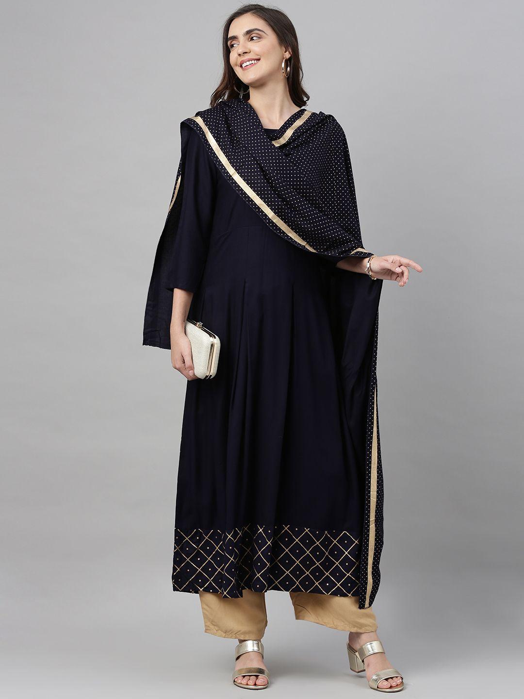 gosriki women navy blue & golden solid kurta with palazzos & dupatta