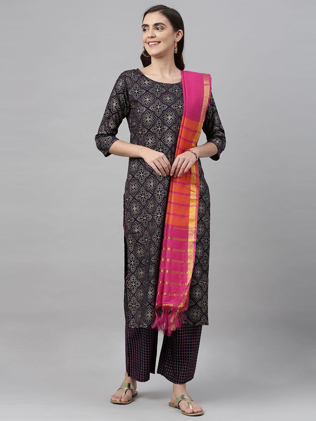 gosriki women navy blue & pink printed kurta with palazzos & dupatta