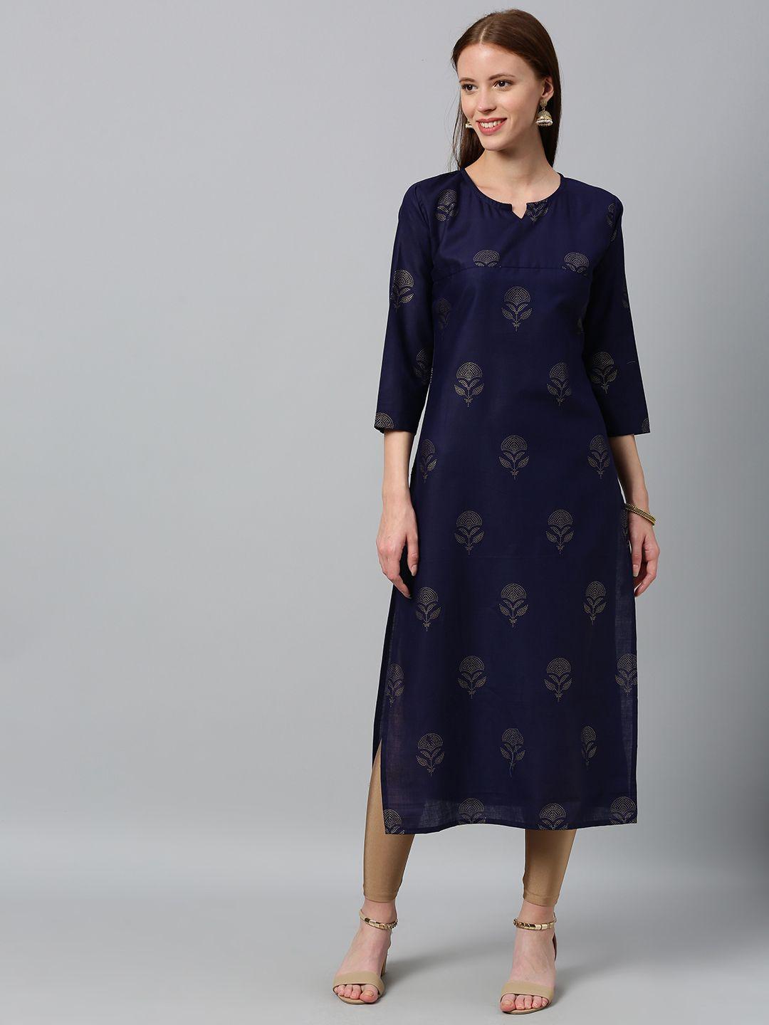 gosriki women navy blue floral printed straight kurta