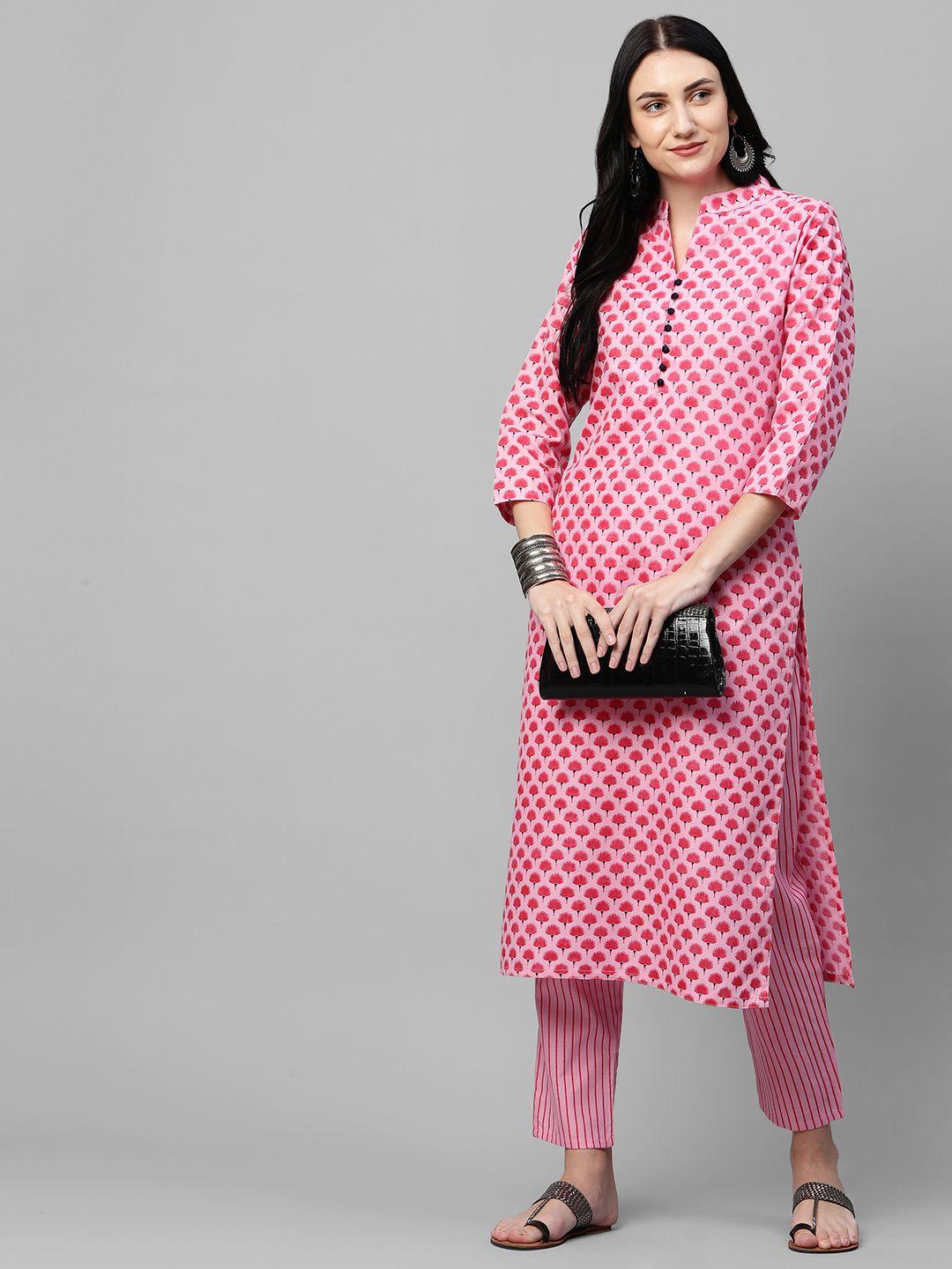 gosriki women pink ethnic motifs printed regular pure cotton kurta with trousers