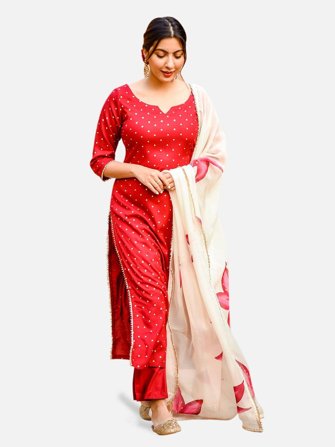 gosriki women red & golden printed kurta with trousers & dupatta