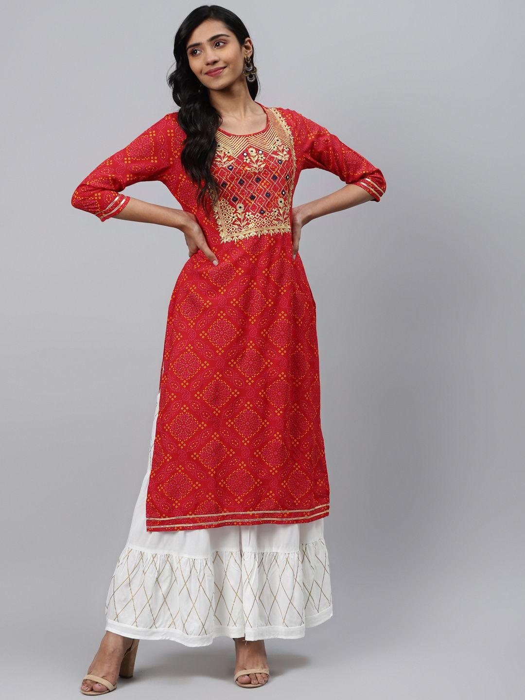 gosriki women red & white bandhani print kurta with sharara