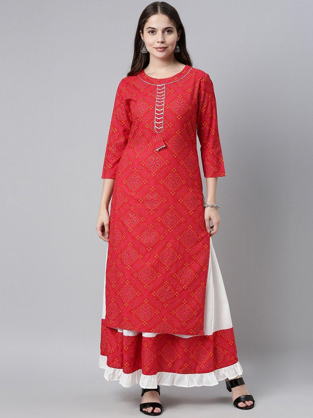 gosriki women red & white bandhani printed kurta with skirt