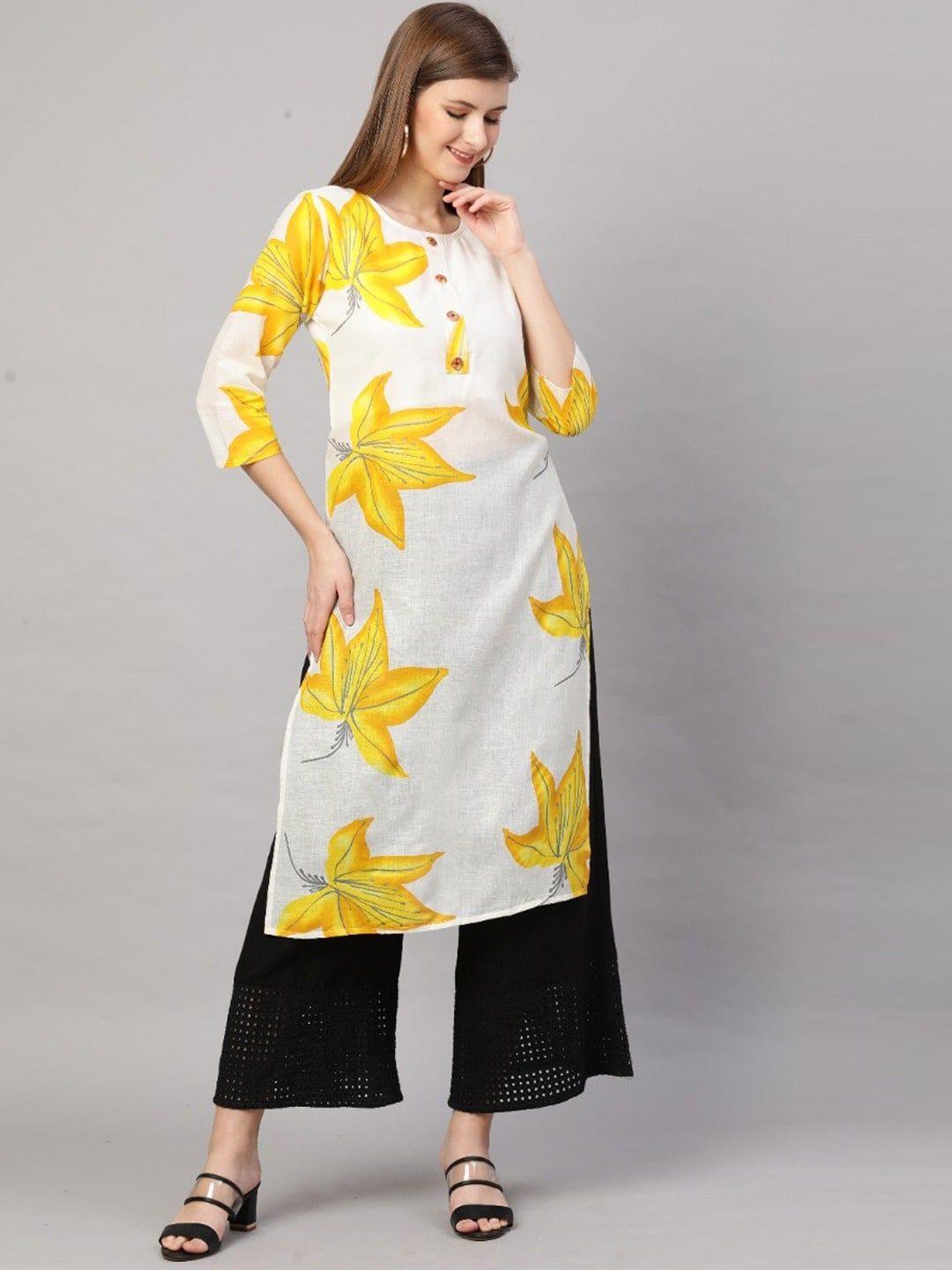 gosriki women white & yellow ethnic motifs printed kurta