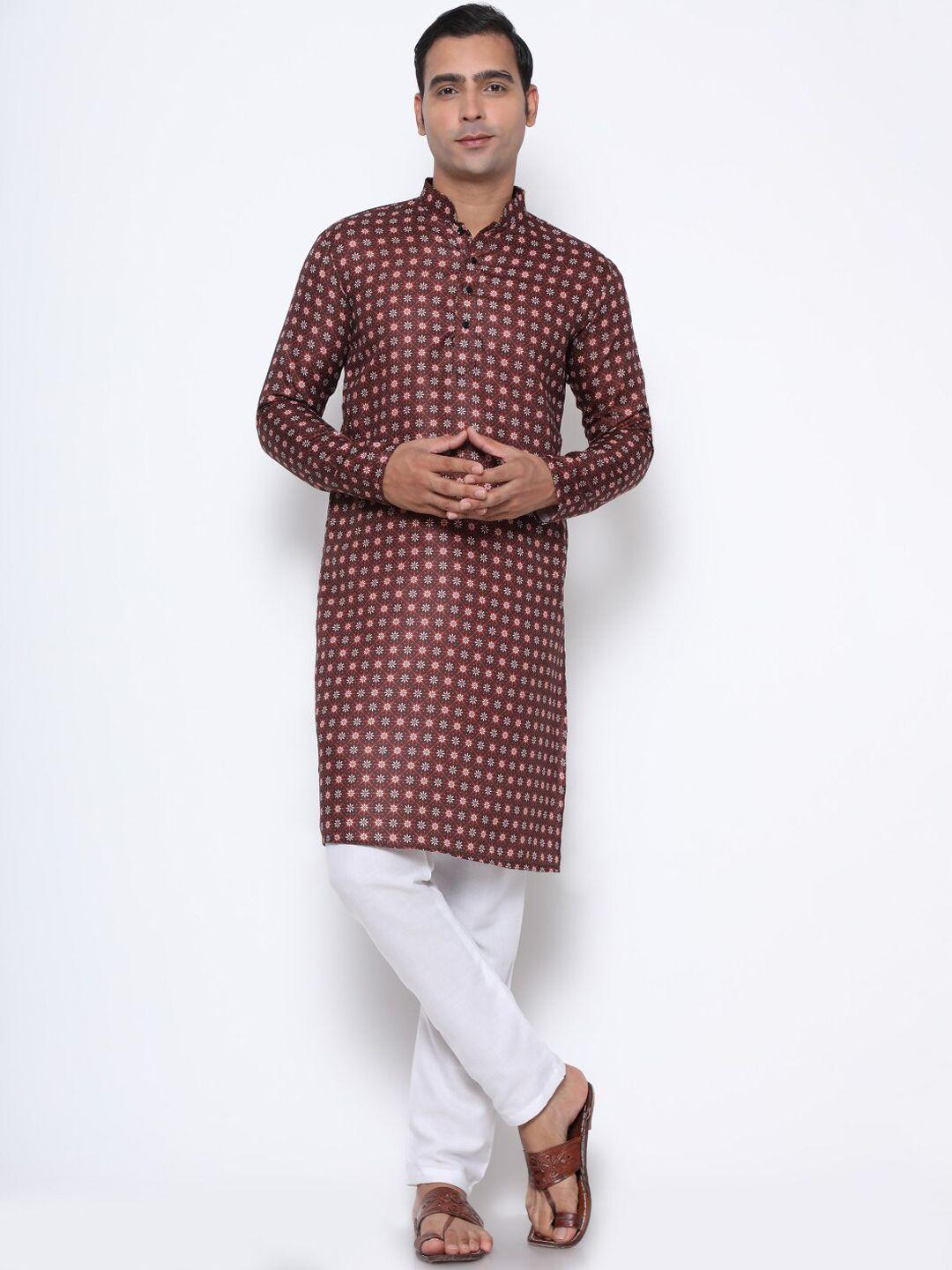 gostyle men brown & cream-coloured geometric printed cotton kurta