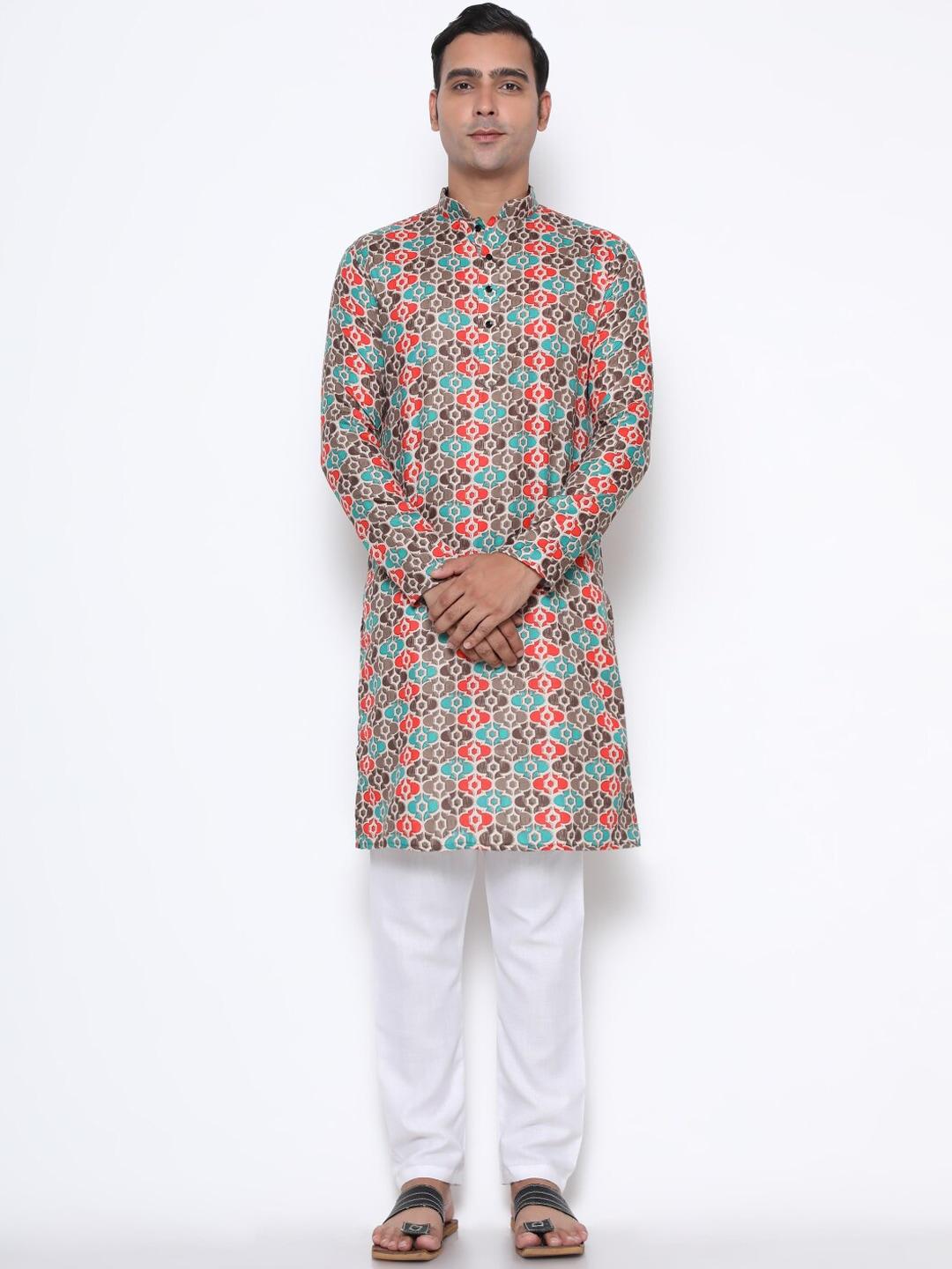 gostyle men brown & green ethnic motifs printed cotton kurta
