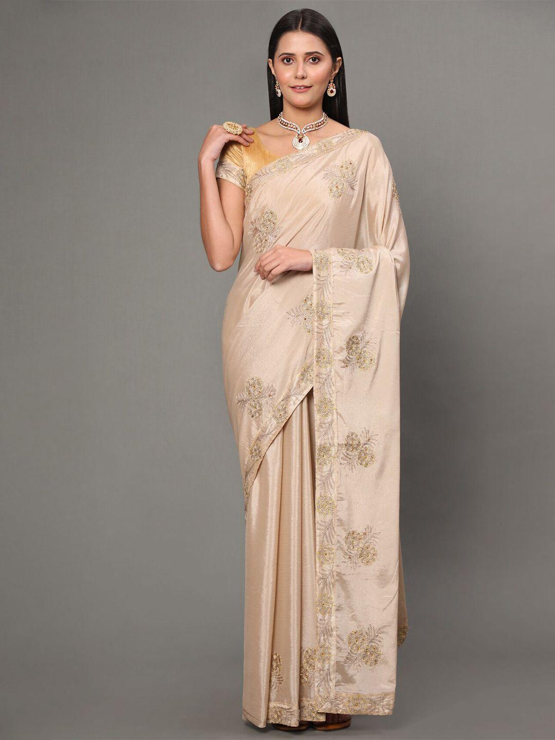 gostyle beige ethnic motifs embroidered poly chiffon heavy work mysore silk saree