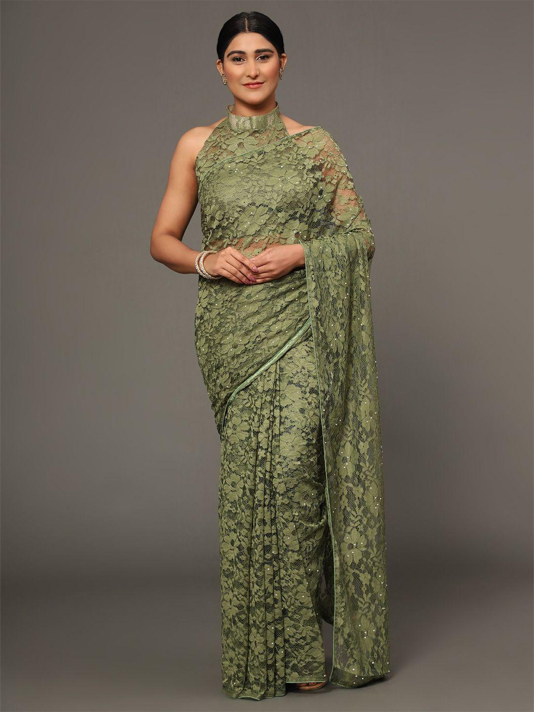 gostyle floral embroidered beads and stones net saree