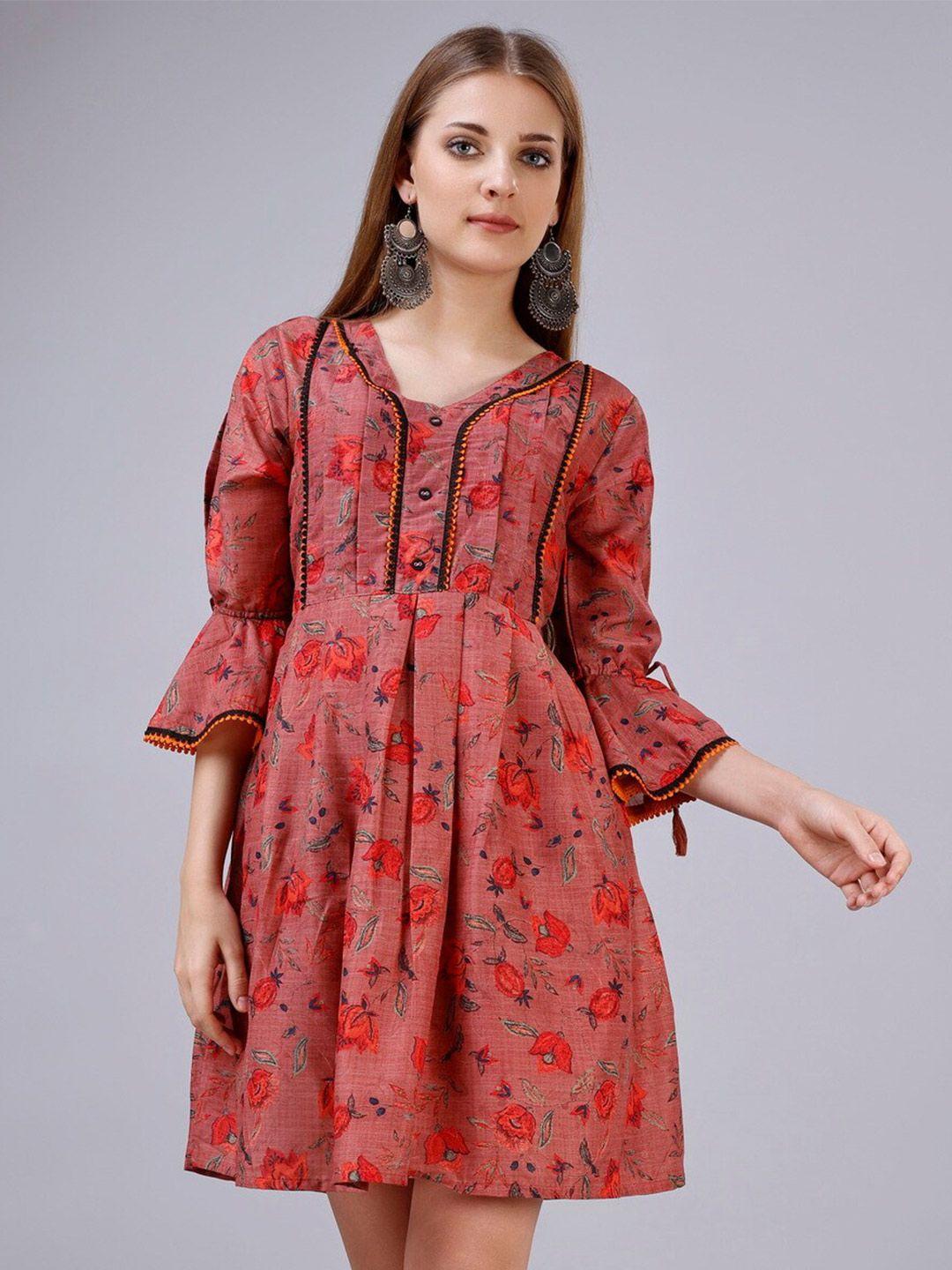 gostyle floral printed bell sleeves cotton fit and flare dress