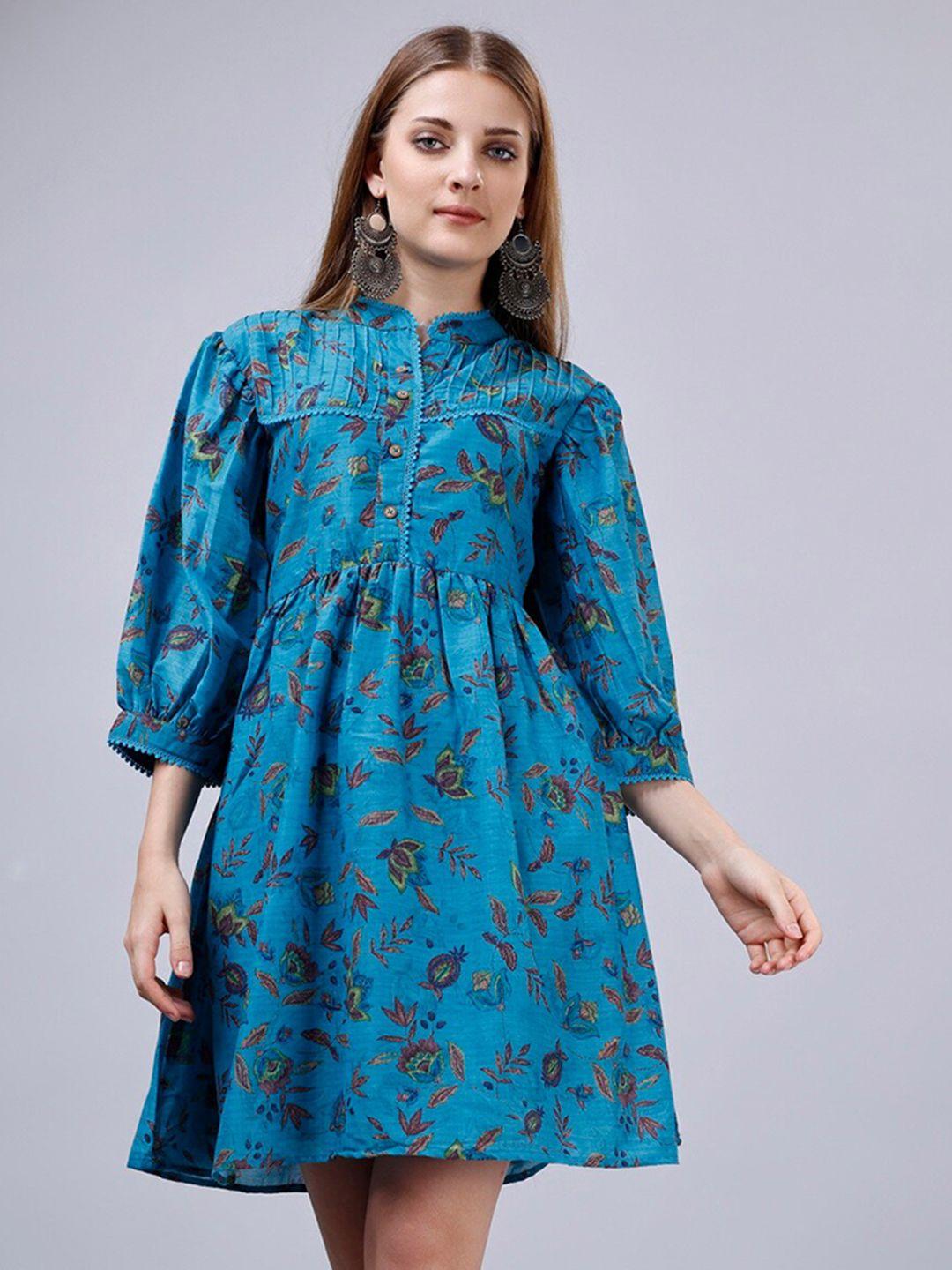 gostyle floral printed mandarin collar puffed sleeves cotton fit and flare dress