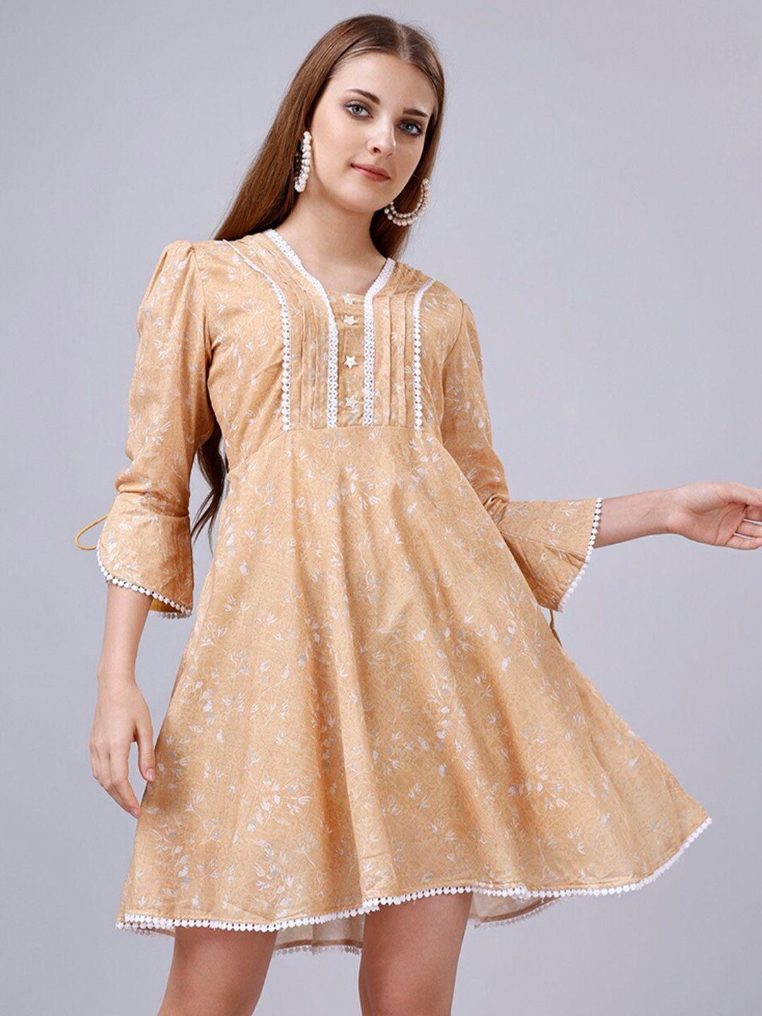 gostyle floral printed puffed sleeves cotton fit and flare dress