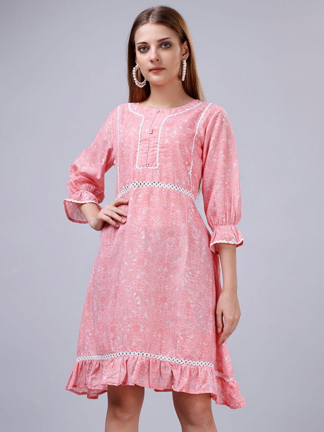 gostyle floral printed puffed sleeves lace inserts cotton fit and flare dress