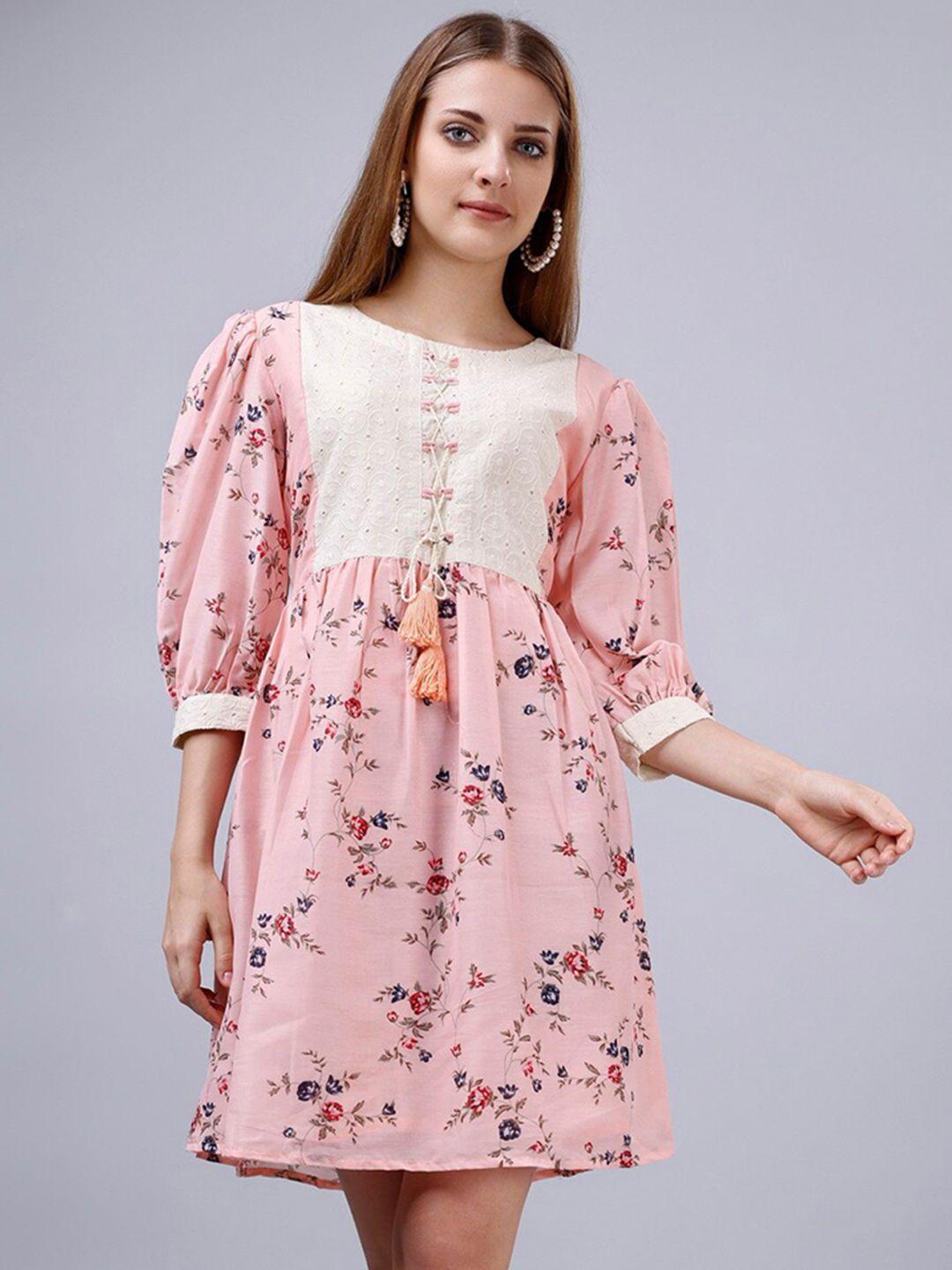 gostyle floral printed puffed sleeves tie-ups cotton fit and flare dress