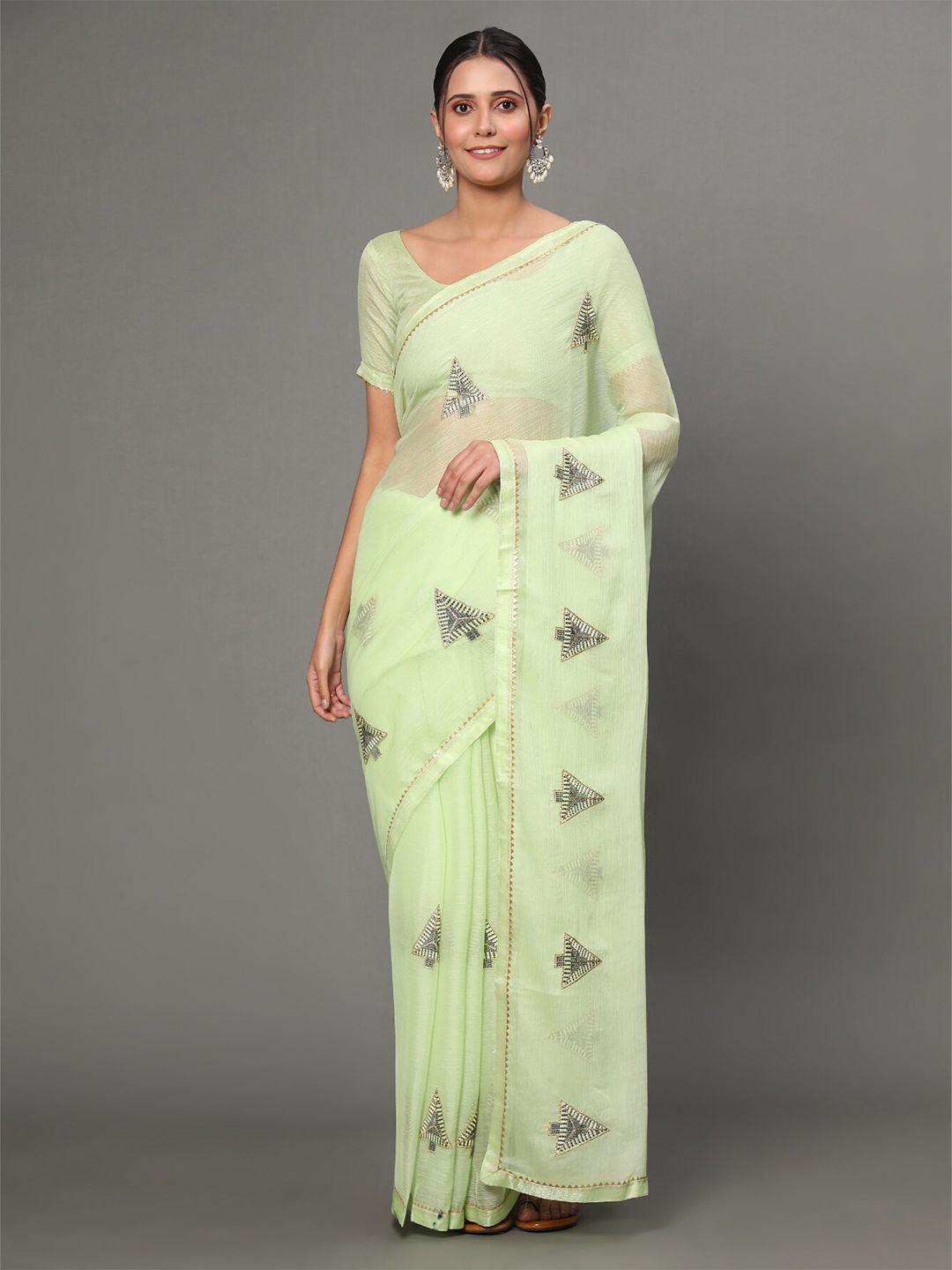 gostyle green ethnic motifs embroidered poly chiffon heavy work mysore silk saree