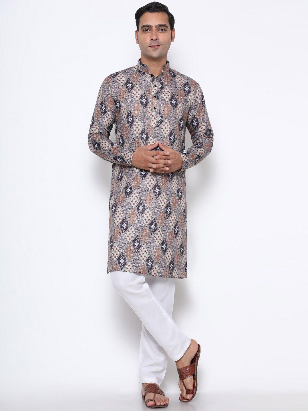 gostyle men beige & blue ethnic motifs printed pure cotton kurta