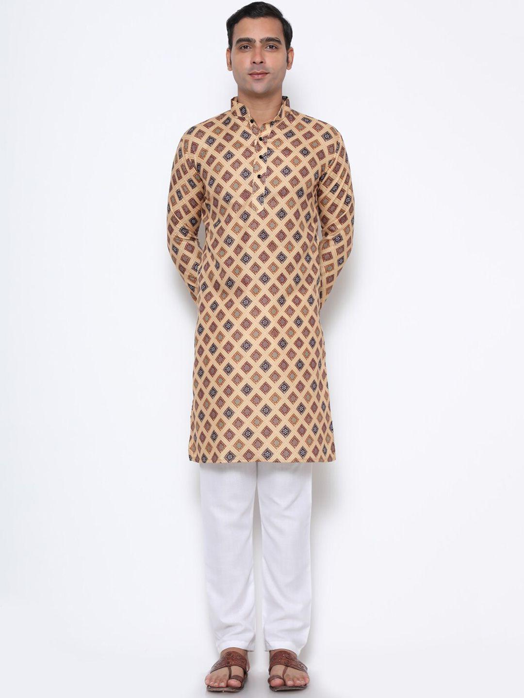 gostyle men beige geometric printed pure cotton kurta