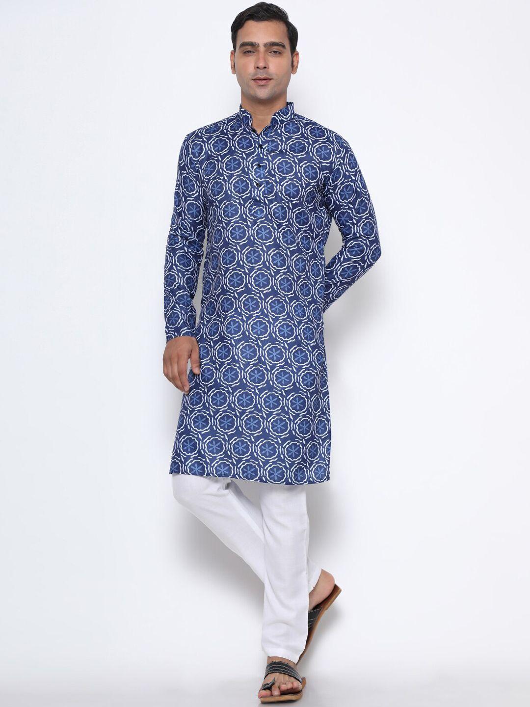 gostyle men blue & white floral printed cotton kurta