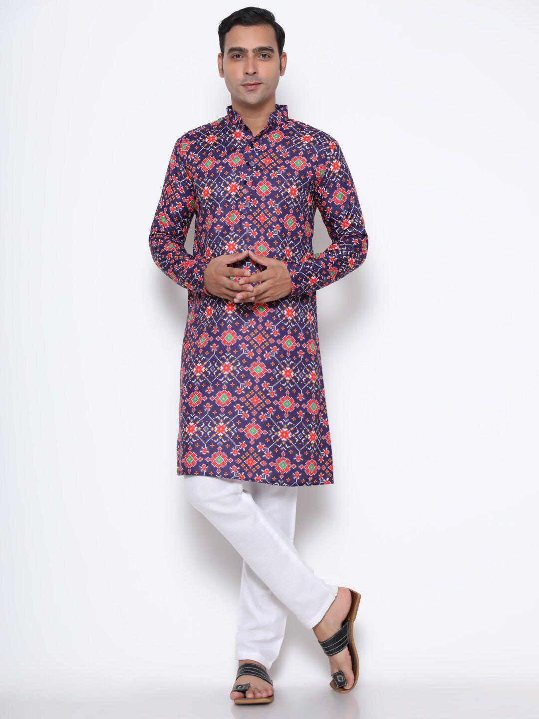 gostyle men blue ethnic motifs printed pure cotton kurta