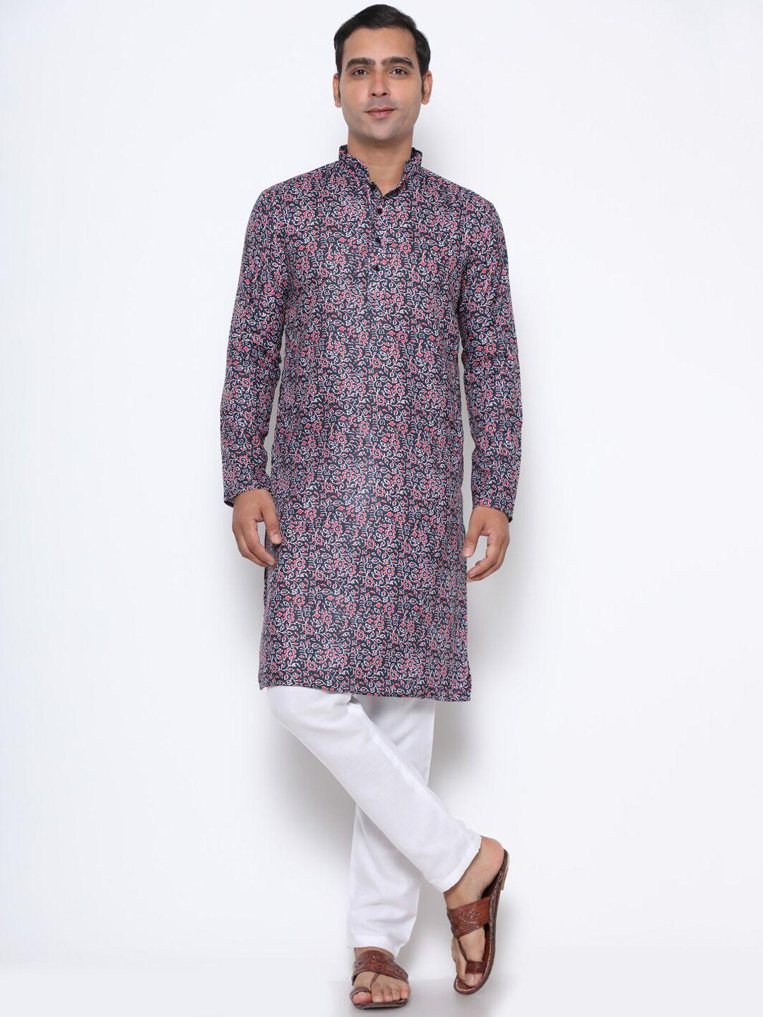 gostyle men blue floral printed pure cotton kurta