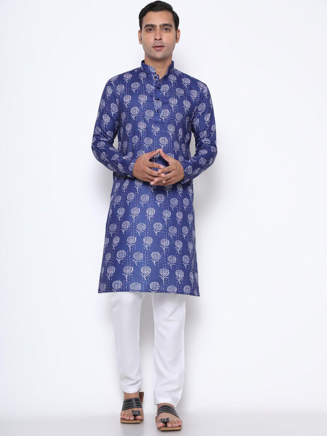 gostyle men blue floral printed pure cotton kurta