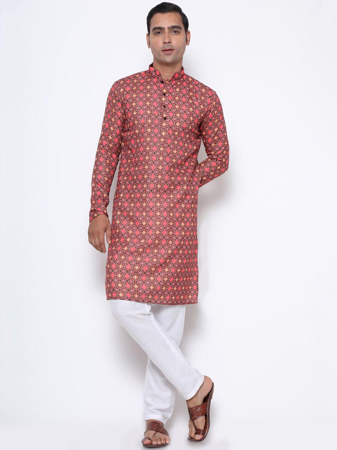 gostyle men brown & pink ethnic motif printed cotton kurta