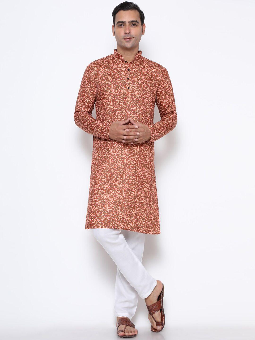 gostyle men brown & pink floral printed cotton kurta