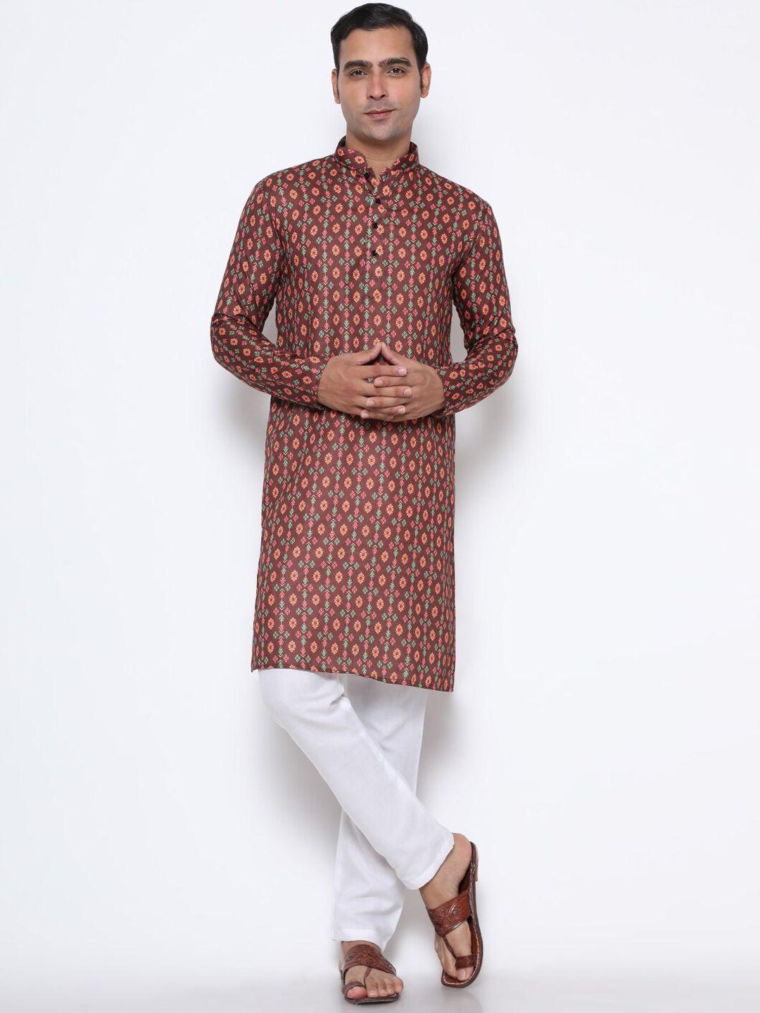 gostyle men brown ethnic motifs printed pure cotton kurta