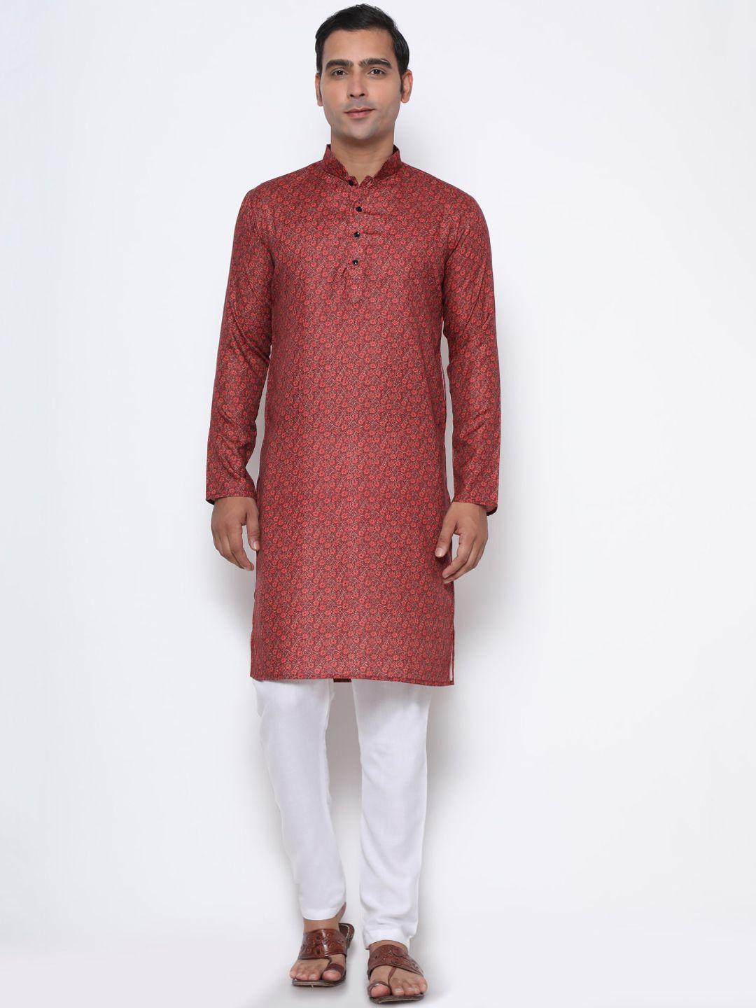 gostyle men maroon floral printed mandarin collar kurta