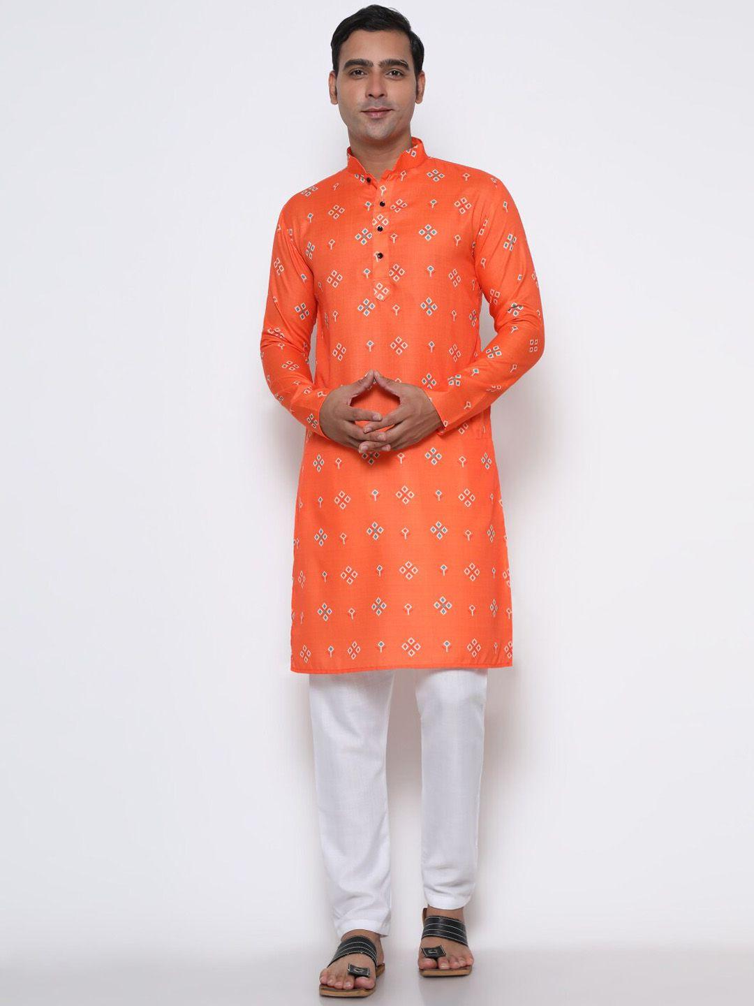 gostyle men orange & white geometric printed cotton kurta