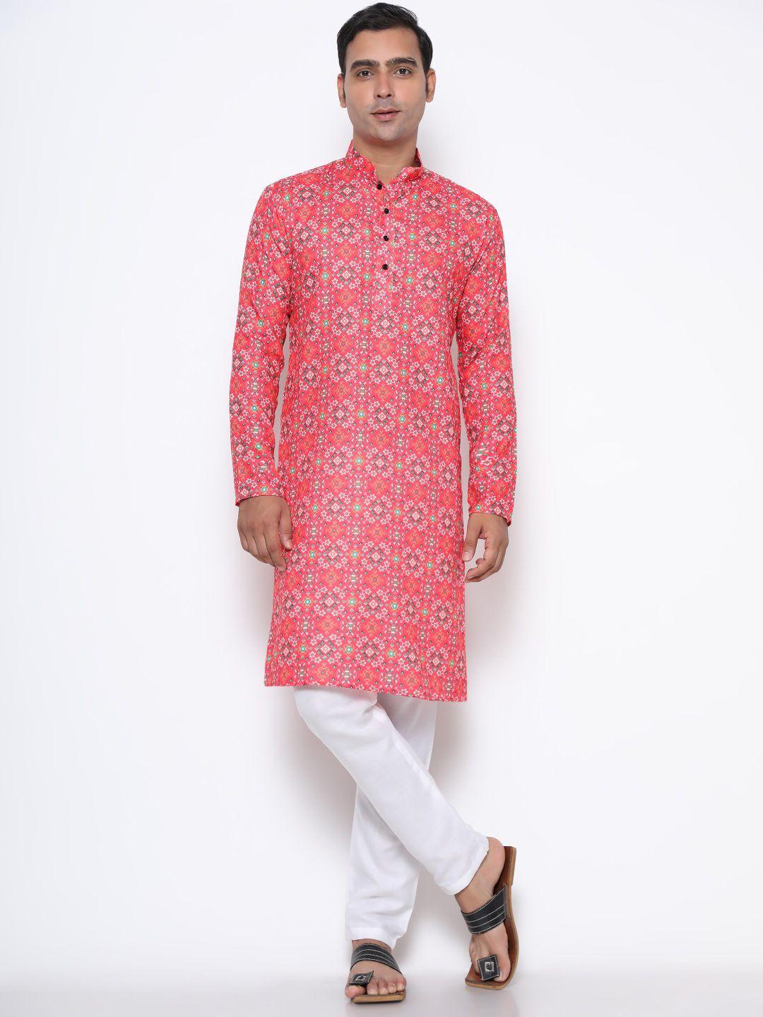 gostyle men pink ethnic motifs printed pure cotton kurta