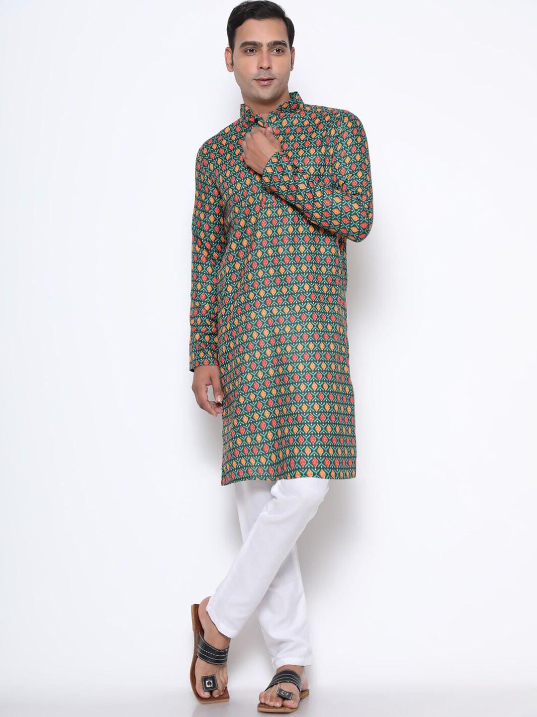 gostyle men sea green & orange geometric printed cotton kurta