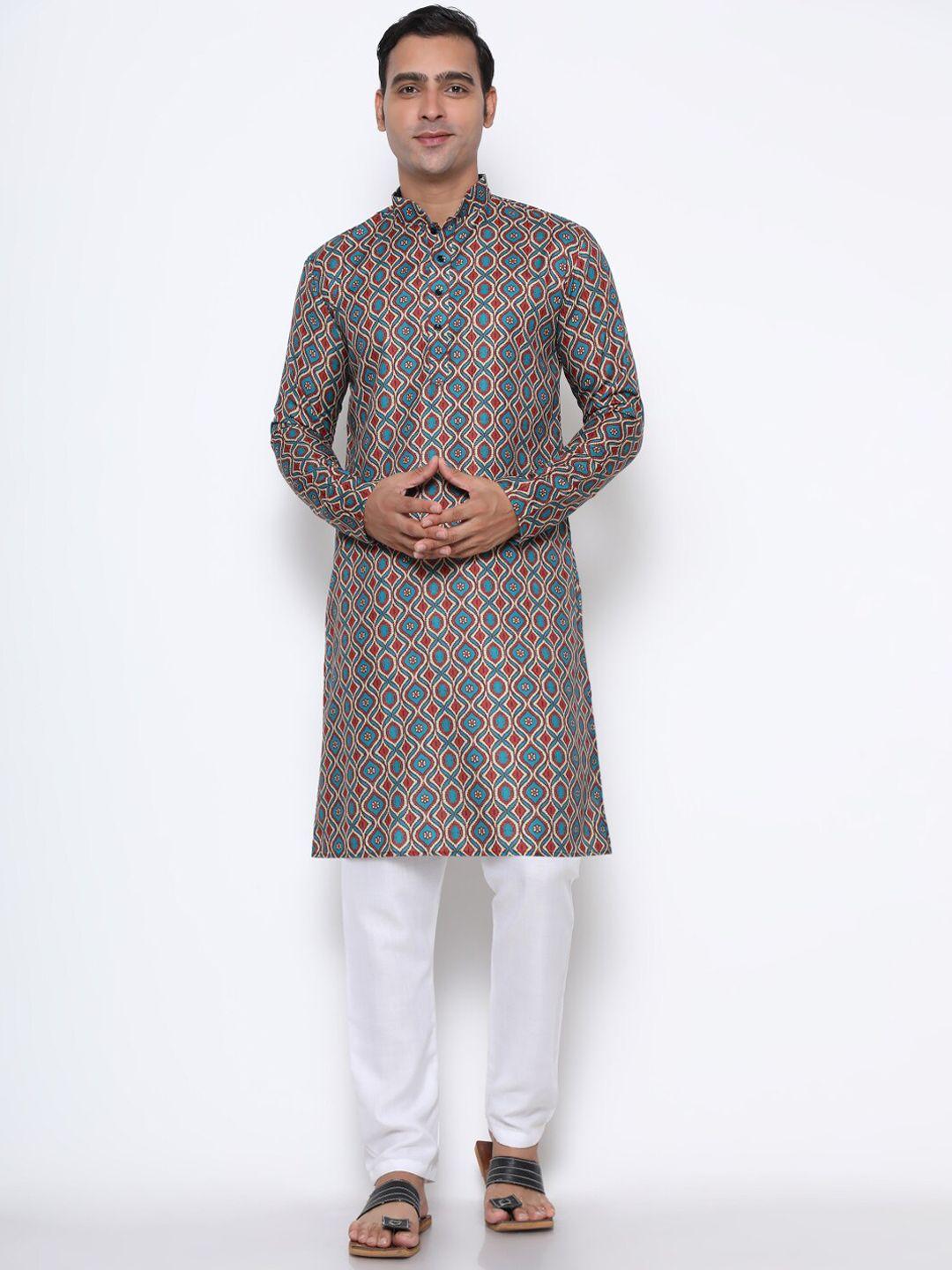 gostyle men teal ethnic motifs printed pure cotton kurta