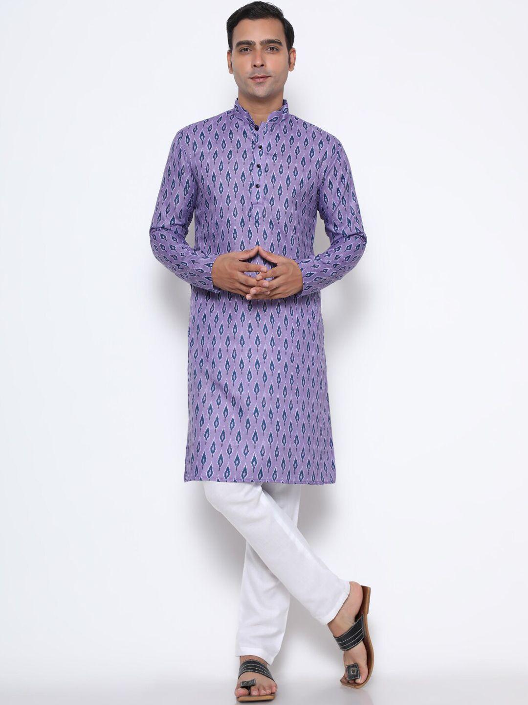 gostyle men violet & blue geometric printed cotton kurta