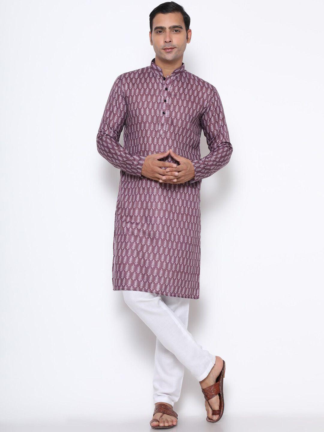 gostyle men violet ethnic motifs printed pure cotton kurta