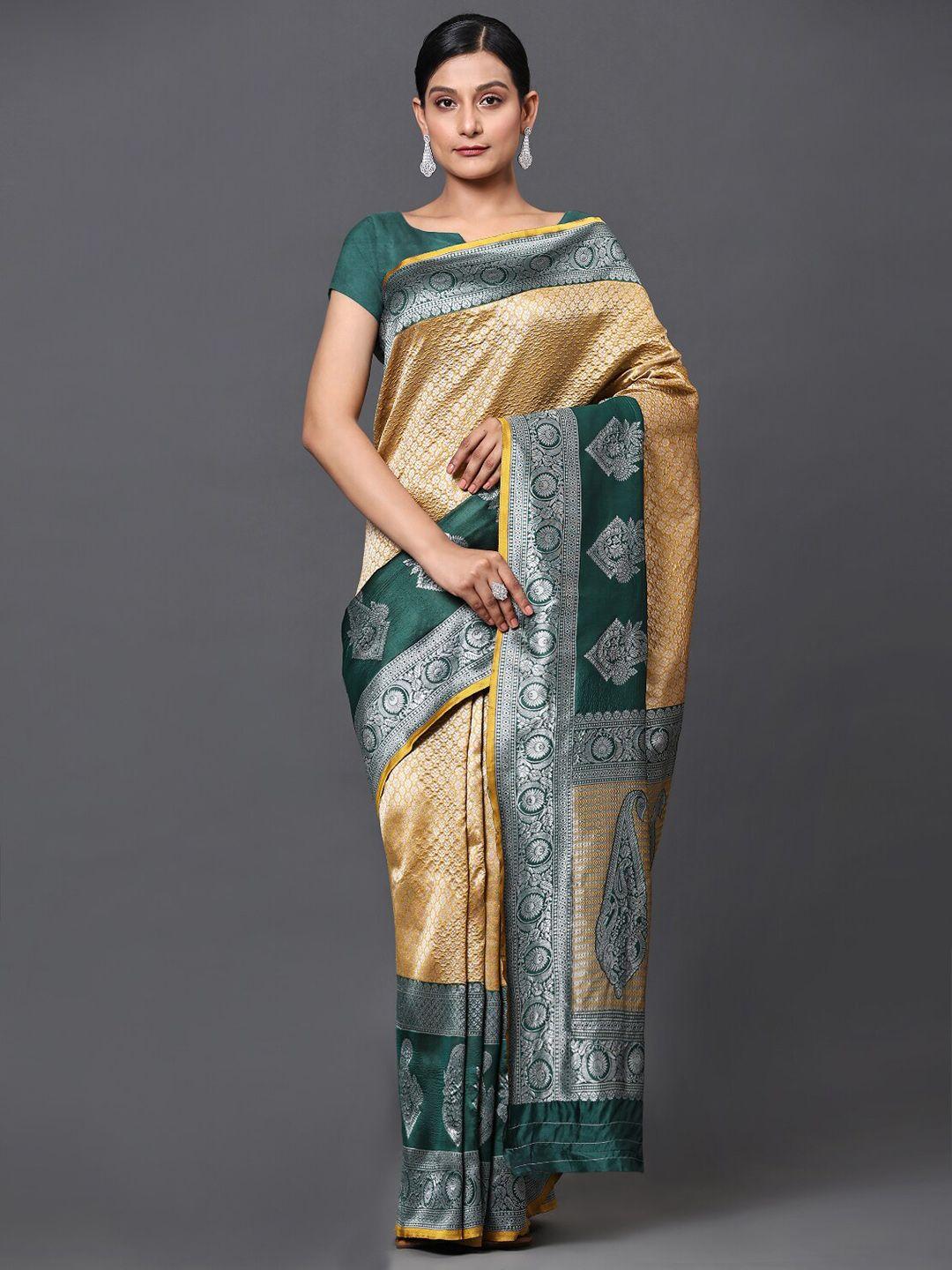 gostyle mustard ajrak block silk blend designer banarasi saree