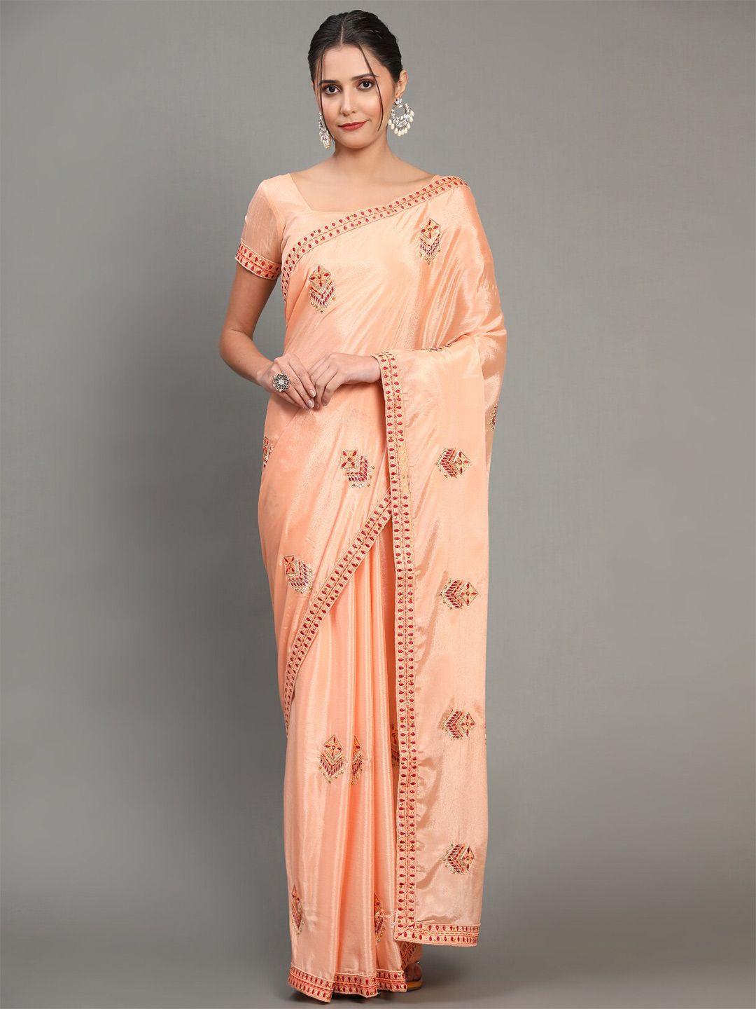 gostyle orange floral embroidered poly chiffon heavy work mysore silk saree