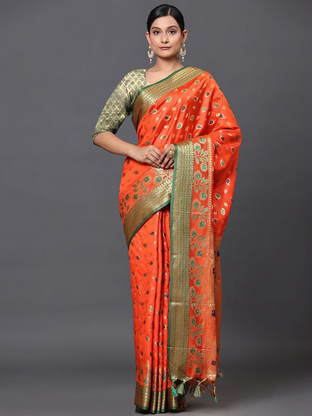 gostyle orange paisley silk blend designer banarasi saree
