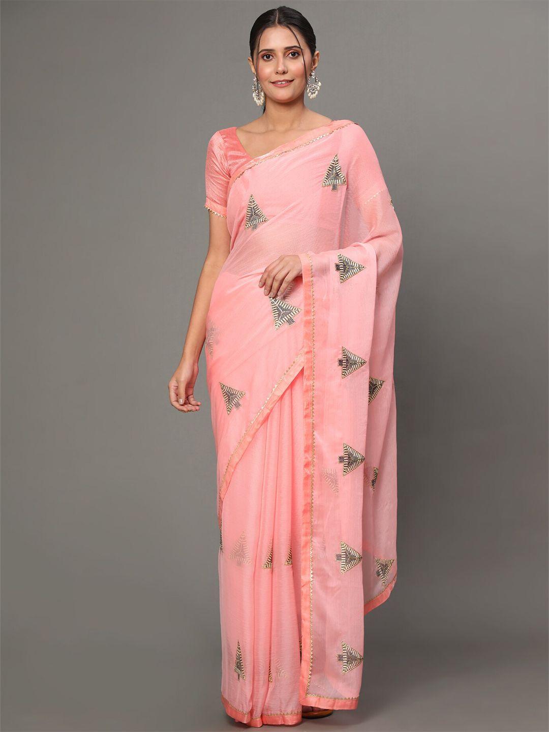 gostyle peach-coloured ethnic motifs embroidered poly chiffon heavy work mysore silk saree