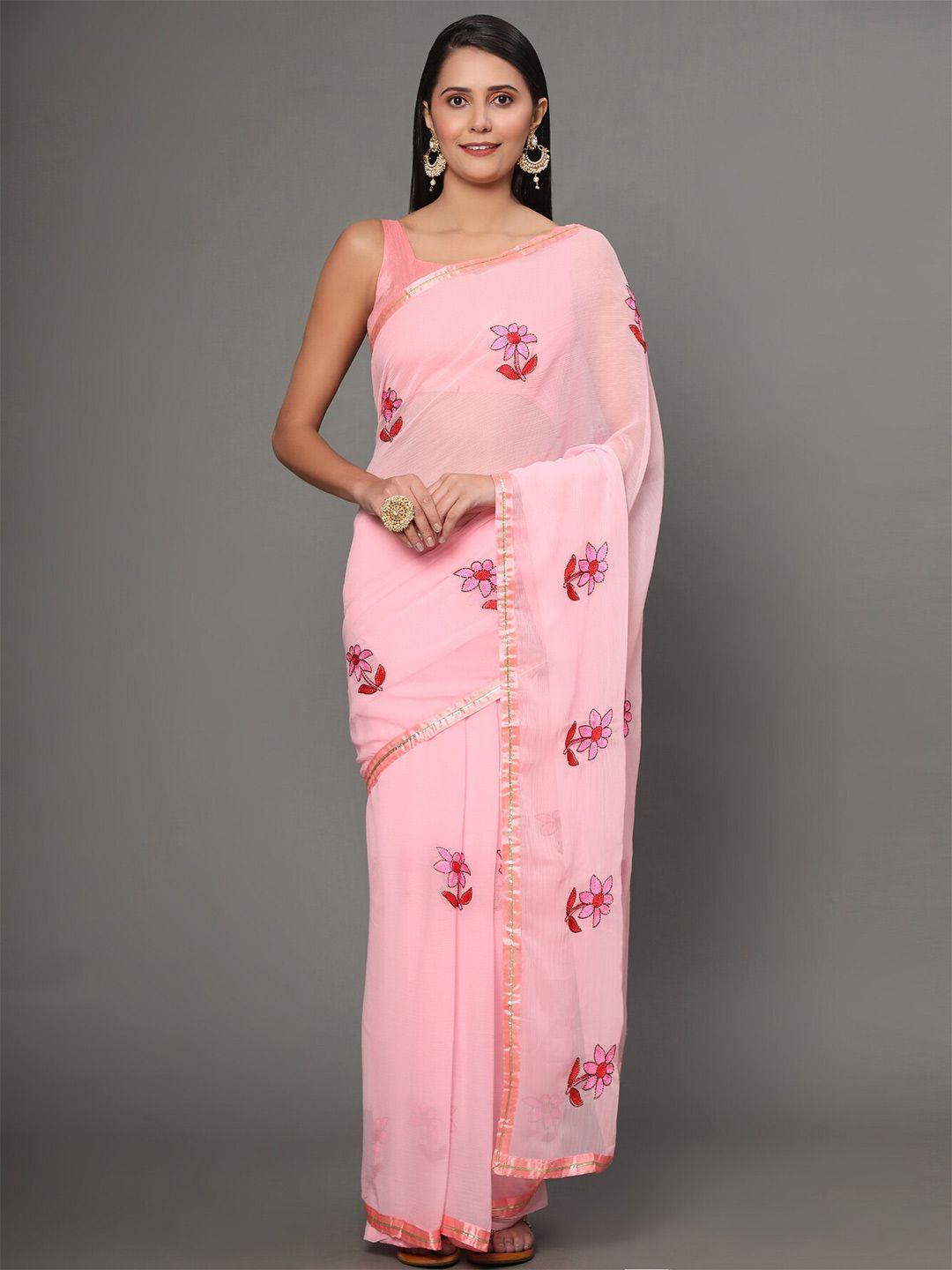 gostyle peach-coloured floral embroidered poly chiffon heavy work kota saree
