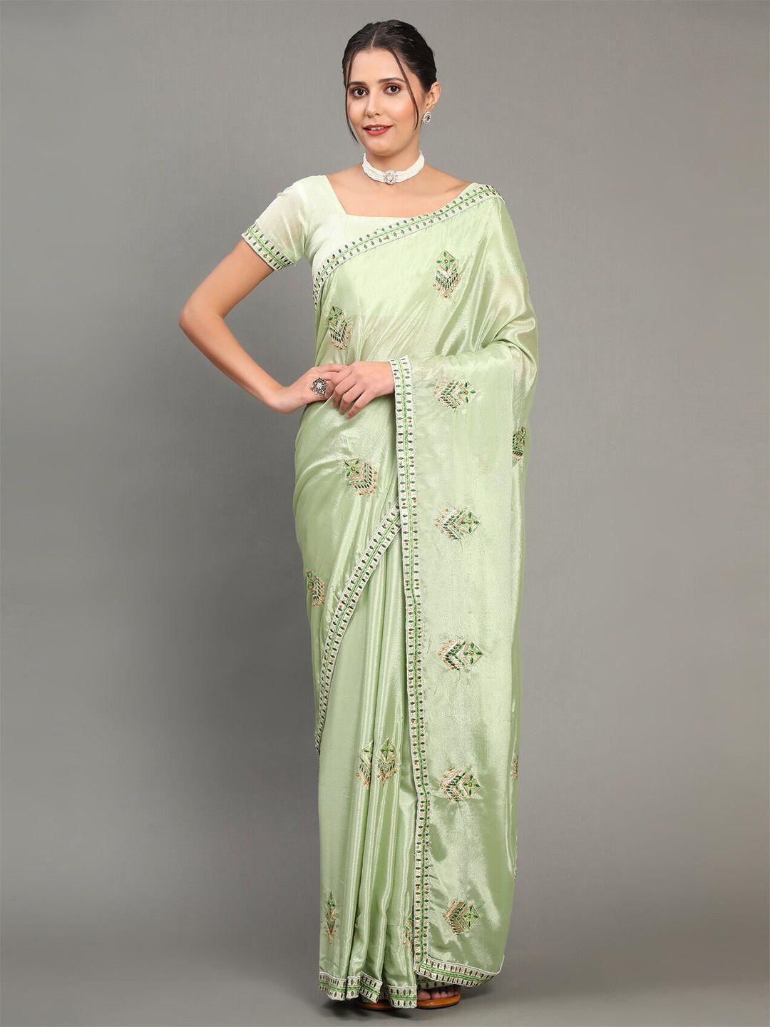 gostyle sea green floral embroidered poly chiffon heavy work mysore silk saree